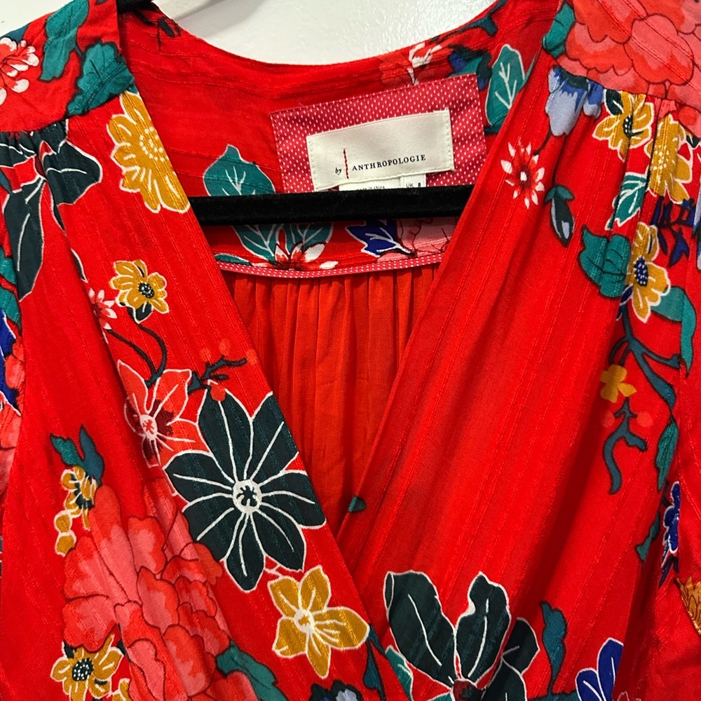 Anthropologie Boswell Textured Wrap Red Floral Long Sleeve Dress Sz 4 - Picture 6 of 10